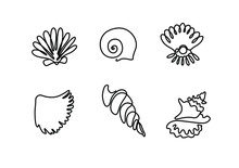 Sea Shell Set, Continuous Line Drawing, Small Tattoo, Print For Clothes And Logo Design, Emblem Or Logo Design, Silhouette One Single Line On A White Background, Isolated Vector Illustration.