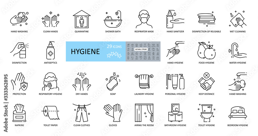 Hygiene icons. Set of 29 images with editable stroke. Includes hygiene of hands, body, premises, clothing, bedding. Hand washing with soap, shower, respiratory mask, antiseptic, quarantine, distance - obrazy, fototapety, plakaty 