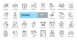 Hygiene icons. Set of 29 images with editable stroke. Includes hygiene of hands, body, premises, clothing, bedding. Hand washing with soap, shower, respiratory mask, antiseptic, quarantine, distance