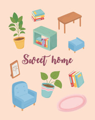 Poster - sweet home sofa books plant table chair