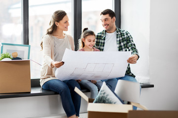 Wall Mural - mortgage, family and real estate concept - happy mother, father and little daughter with blueprint and stuff in boxes moving to new home