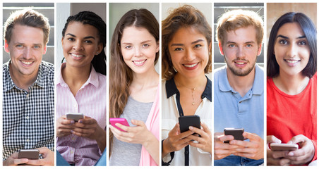 Joyful multiracial men and women using cell portrait set. Young people of different races with mobile phone multiple shot collage. Communication concept