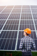 © anatoliy_gleb - Engineer in an orange helmet stands with his back to the camera against the background of a large plantation of solar panels. Home construction. Green ecological power energy generation.