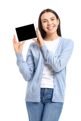 Poster - Beautiful young woman with tablet computer on white background