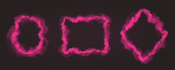 Wall Mural - pink smoke frames isolated on dark background. vector realistic set of borders from magic fog, pink 