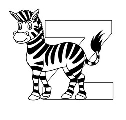 Wall Mural - Animal alphabet. capital letter Z, Zebra. Raster illustration. For pre school education, kindergarten and foreign language learning for kids and children. Coloring page and books, zoo topic.