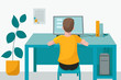 Remote home-based online training. A schoolboy with a computer sits at a table in his house and listens to a school lesson. Vector flat illustration. The concept of individual and distance learning.