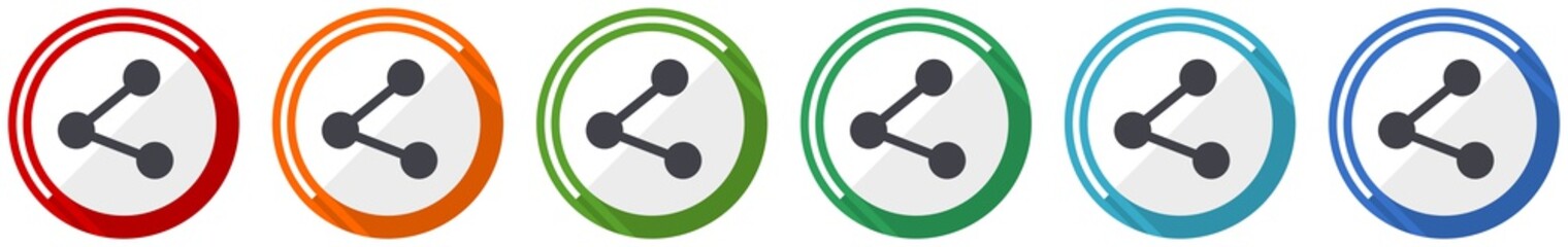 Aufkleber - Share icon set, flat design vector illustration in 6 colors options for webdesign and mobile applications.