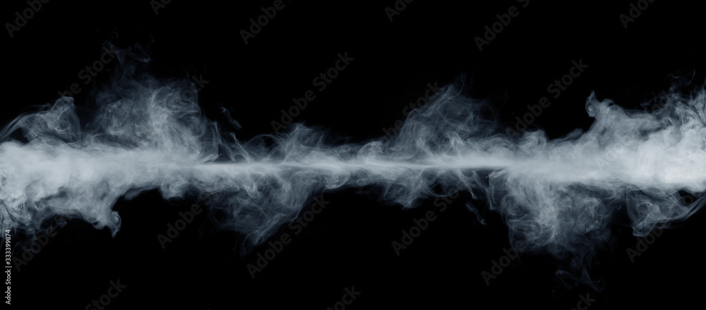 Panoramic view of the abstract fog or smoke move on black background. White cloudiness, mist or smog background. - obrazy, fototapety, plakaty 