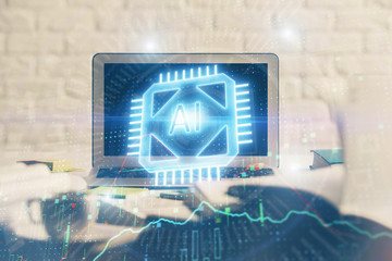 multi exposure of desktop computer and technology theme hologram. concept of software development.