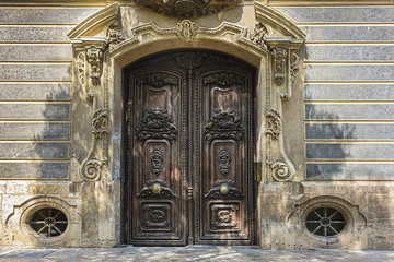 Architectural fragments of Ornate facade of the historic Palace of Marques de Dos Aguas (XVIII century). Now in Palace housed ceramic museum. Valencia, Spain.