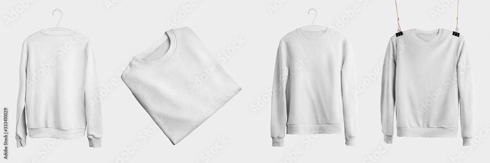 Mockup of white textile heather hanging on a hanger and rope, front, back view, for presentation design. - obrazy, fototapety, plakaty 