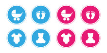 Blue And Pink Set Of Baby Icons Feet Footprint Stroller Bear And Bodysuit Vector Illustration EPS10