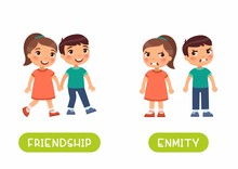 Friendship And Enmity Antonyms Flashcard Vector Template. Word Card For English Language Learning With Flat Characters. Opposites Concept. Girl And Boy Quarrel Illustration With Typography