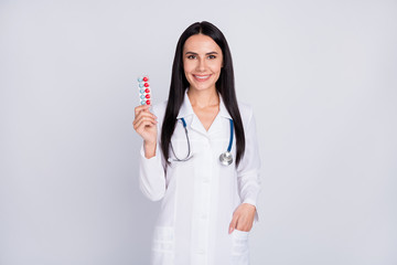 Poster - Photo of beautiful professional doc lady proposing best pills vitamin c prophylactic winter tablets wear stethoscope white lab coat isolated grey color background