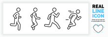 Editable Real Line Icon Set Of A Boy Stick Figure Running Fast And Jogging In A Outline Design In Modern Black Lines On A Clean White Background As A EPS Vector File