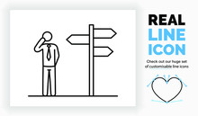 Editable Real Line Icon Of A Way Finding Sign With Different Left And Right Directions On A Sign Pole With A Stick Figure Business Man Thinking Where To Go In Modern Black Lines On A White Background