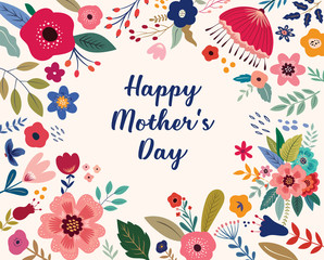 Wall Mural - Happy Mothers Day greeting illustration with colorful spring flowers. Happy Mothers Day template
