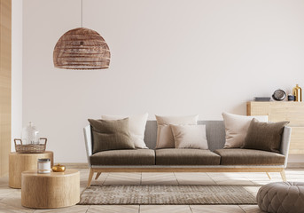 cozy living room interior, scandinavian style mock up. rattan ceiling lamp , wooden furniture and el