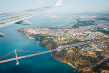 Lisbon, Lissabon/Portugal - September 13 2019 : Flying Over The Ponte 25 De Abril Bridge
