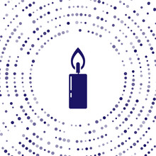 Blue Burning Candle Icon Isolated On White Background. Cylindrical Candle Stick With Burning Flame. Abstract Circle Random Dots. Vector Illustration