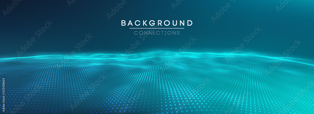 Network connection concept blue vector illustration. Futuristic hexagon perspective wide angle lanscape. Futuristic honeycomb concept. 3d landscape. Big data digital background. - obrazy, fototapety, plakaty 