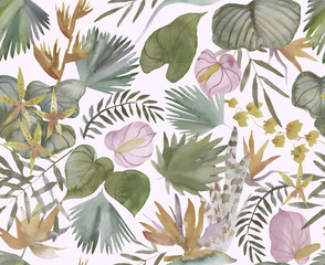  Tropical seamless pattern with tropical flowers, banana leaves.  Round palm leaves, watercolor painted 