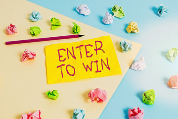 Word writing text Enter To Win. Business photo showcasing exchanging something value for prize or chance of winning Colored crumpled papers empty reminder blue yellow background clothespin