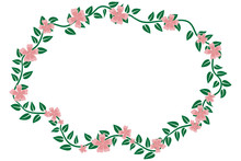 Frame Of Green Branches With Pink Flowers And Oval Foliage For Creativity