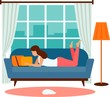© Irina - Young woman working on a laptop from home. Vector illustration