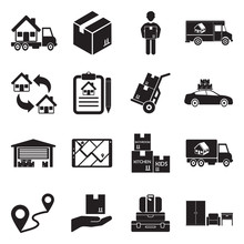 Home Removal Icons. Black Flat Design. Vector Illustration.
