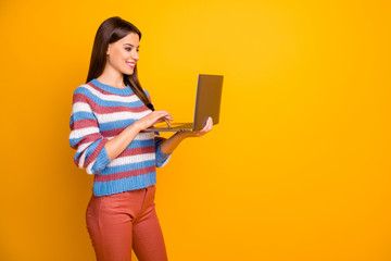 Wall Mural - portrait of positive cheerful girl work computer search interesting social media news information we
