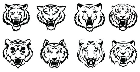 Wall Mural - Set of tiger face silhouettes. Collection of wild cats with open mouth. Black and white illustration for a zoo. Tattoo.