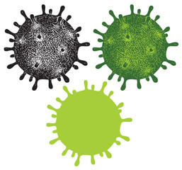 Wall Mural - Set of vector hand-drawn virus cells of Coronavirus. COVID-19 virion. Coronavirus outbreak. Prevention of deadly covid. Global pandemic alert. Isolated vector illustrations for science and medical use