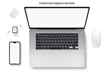 smartphone, laptop, mouse, headphones and smartwatch flat lay isolated on white background. top view detailed and realistic gadgets mockup. stock vector illustration