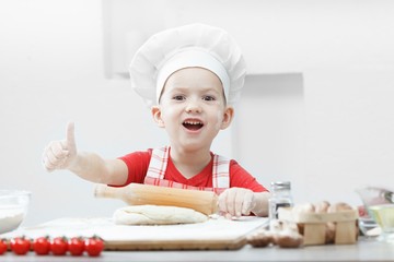 Cooking pizza with little chef, children fun cook,  kitchen dough.