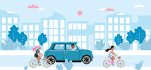 People And Transport On A Road. Girls Riding Bicycles, Man In The Mini Car. Blue Cityscape And Low Traffic Vector Illustration. Flat Design City View. Bicycle Rental, Car Rental And Scooter Rental. 