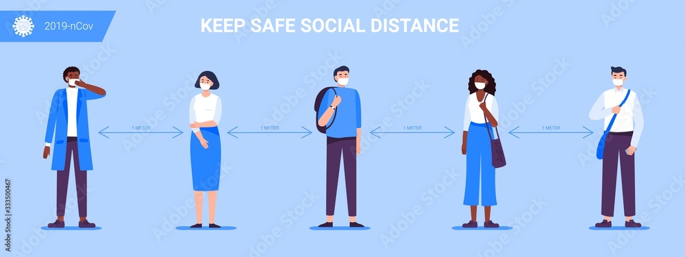 Social Distancing. People keep a distance for infection and disease, wearing a surgical protective medical mask to prevent virus Covid-19. Health care concept. Vector illustration. - obrazy, fototapety, plakaty 