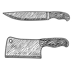Illustration of meat cleaver and butcher knife in engraving style. Design element for logo, label, emblem, sign, badge.