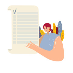  Personal assistant, young woman with a completed to-do list.Put your business on me concept.Multitasking helper. There are many to-do list tasks around her.Vector illustration. Hand drawn. Flat vecto