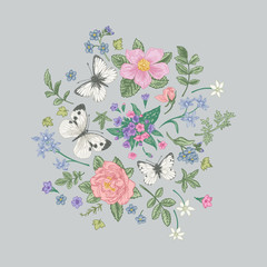 Wall Mural - Composition with flowers and butterflies.