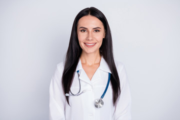 Sticker - All is well. Photo of attractive doctor practitioner lady good mood friendly smiling to patients wear white lab coat stethoscope isolated grey color background