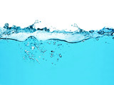 Fototapeta Łazienka - blue water surface with splash, waves and air bubbles on white background	