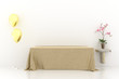 © Cly K. - Room for Mock up with balloons, table, tablecloth, product pedestal, flower and vase. White wall Background
