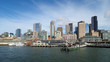 Seattle, Washington - February 10, 2018 - Skyline of city of Seattle from Seattle - Bainbridge Island ferry on sunny winter afternoon.