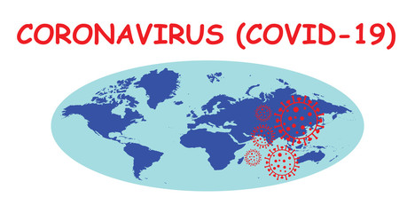  Coronavirus COVID-19 graphic overlaid on world map with the epicentre centred over China isolated on white background 