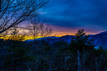 Poster - mountain sunrise with silhouette of trees