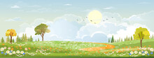 Spring Landscape In Countryside With Green Meadow On Hills With Blue Sky, Vector Summer Or Spring Landscape, Panoramic Village With Grass Field And Wildflowers, Holiday Natural Background