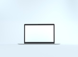 3D realistic laptop mockup.Laptop with blank white display, device screen frame and grey laptop on the light white background. Front view.  Empty space for text, art. 3D Mock up for your design.