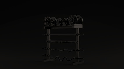 Wall Mural - Black Barbell Dumbbell Rack Black Background 3d illustration 3d render